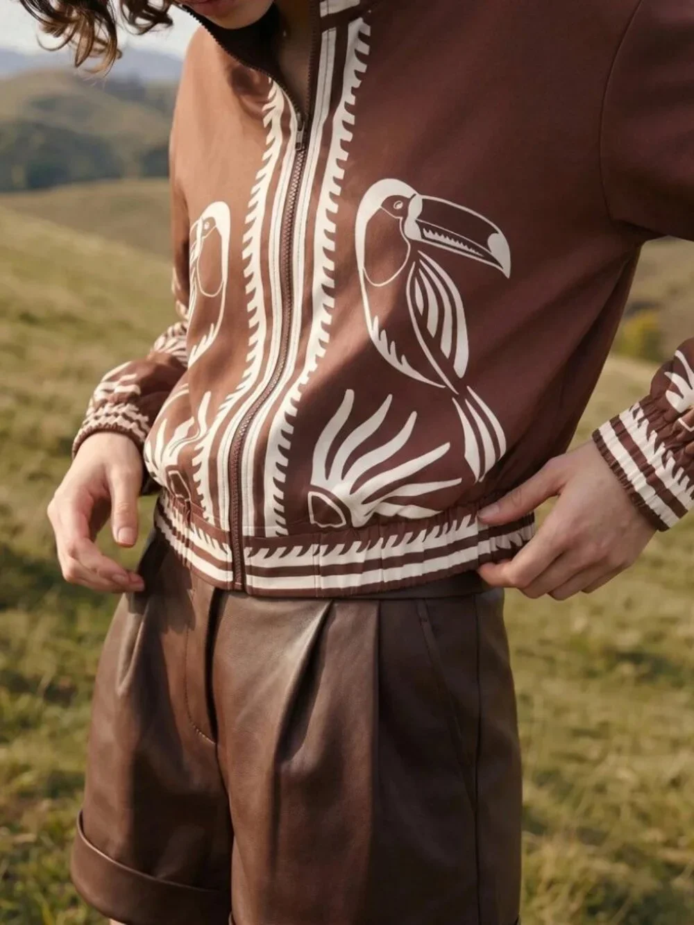 Brown Toucan Print Zip-Up Cropped Lightweight Jacket with Contrast Trim